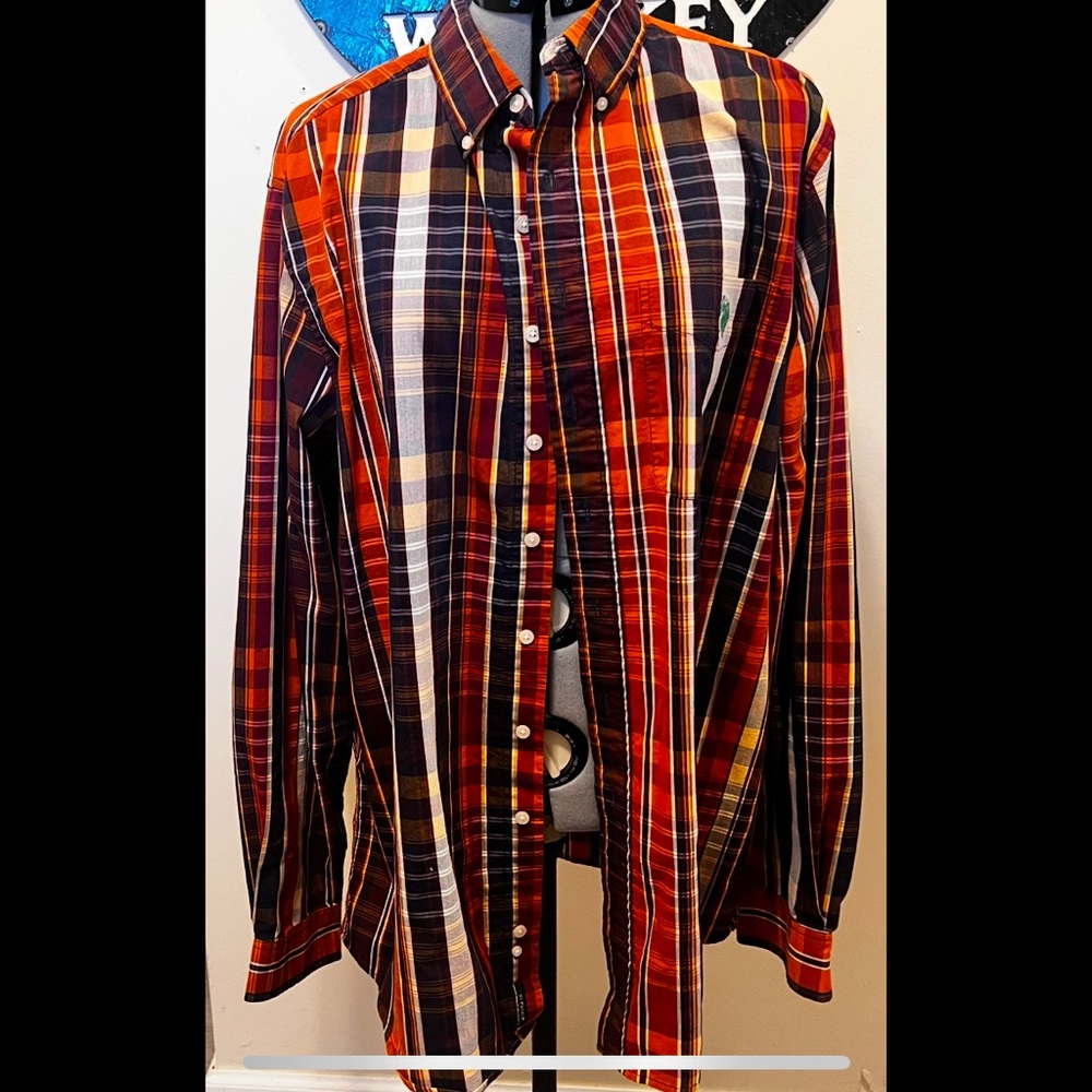 U.S. Polo Assn. Red and Orange Dress Shirt with Plaid Pattern